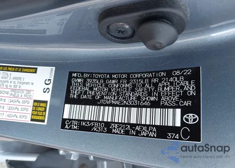 2022 Toyota Corolla Le из США, поврежденный, VIN JTDVPMAE2N3031646